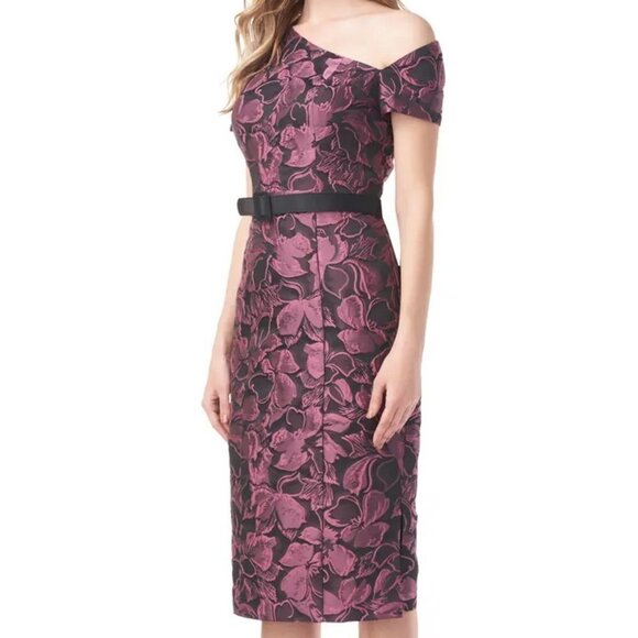 Kay Unger Black/ Cerise Alana Floral One Shoulder Belted Midi Dress - Picture 2 of 4